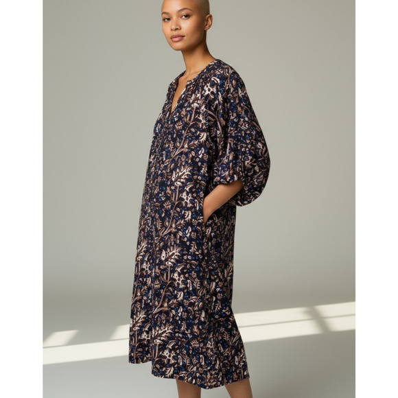 TOAST Dress Floral Leaf Print Cotton Relaxed 3/4 Puff Sleeve w/ Pockets Medium - Picture 1 of 8